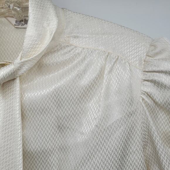 St. John Vintage Cream Jacquard High‎ Bow Neck Long Sleeve Button Up Blouse - Picture 10 of 15
